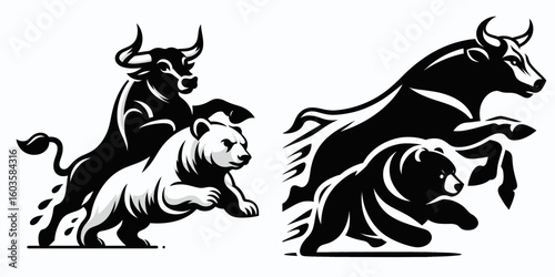 Bull and bear running race. Retro Cartoon Clipart Silhouette Stock Vector Line Art Illustration. Animal competition a sprint between bovine ursine for top position.