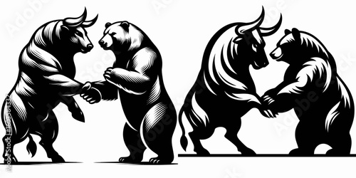 Bull and bear shaking paws. Retro Cartoon Clipart Silhouette Stock Vector Line Art Illustration. Market friends bullish giant with bearish buddy in agreement trade venture.