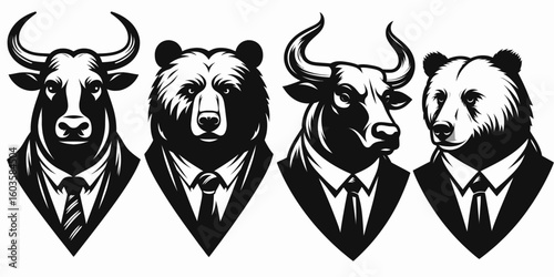 Bull and bear wearing ties. Retro Cartoon Clipart Silhouette Stock Vector Line Art Illustration. Bovine bruin in neckwear finance world icon market animal with garment.