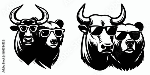 Bull and bear wearing sunglasses. Retro Cartoon Clipart Silhouette Stock Vector Line Art Illustration. Bovine carnivore animal with shade eyewear protection from sunlight.
