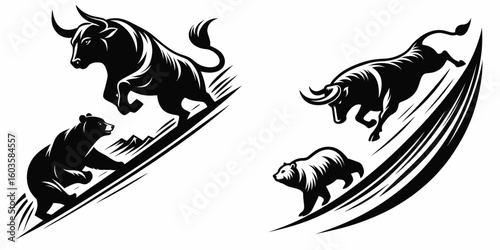 Bull chasing bear downhill. Retro Cartoon Clipart Silhouette Stock Vector Line Art Illustration. Bovine pursuing bruin on incline grade descent market trend action.