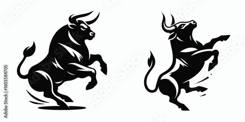 Bull kicking back legs. Retro Cartoon Clipart Silhouette Stock Vector Line Art Illustration. Bovine raising rear limb powerful animal action a forceful backward movement.