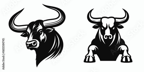 Bull lowering horns ready. Retro Cartoon Clipart Silhouette Stock Vector Line Art Illustration. Bovine descending weapon prepared imminent charge animal action pose.