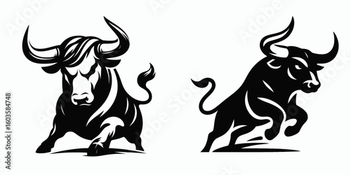 Bull lowering horns ready. Retro Cartoon Clipart Silhouette Stock Vector Line Art Illustration. Ox bending point poised for action big animal preparing charge.