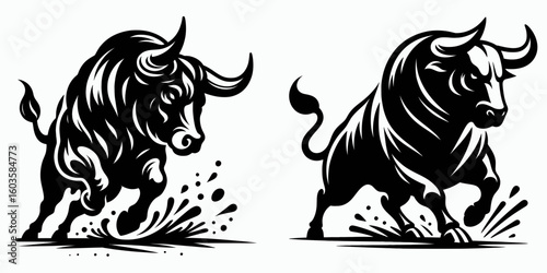 Bull pawing ground before charge. Retro Cartoon Clipart Silhouette Stock Vector Line Art Illustration. Angry animal digging earth prior to attack mammal behavior and aggression.