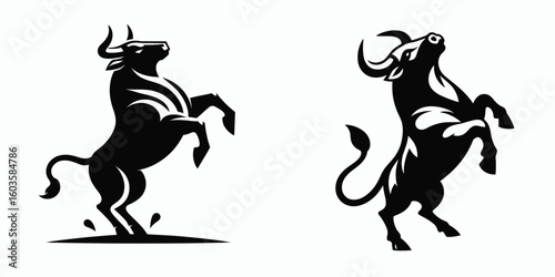 Bull rearing on hind legs. Retro Cartoon Clipart Silhouette Stock Vector Line Art Illustration. Cattle standing lifting from ground using back legs for balance animal posture.