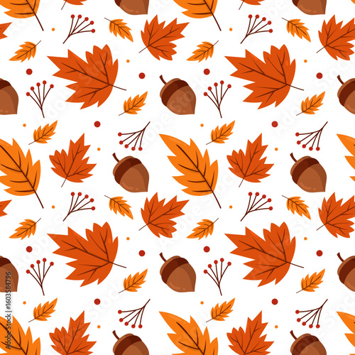 Seamless autumn leaves and acorn pattern, orange and brown seasonal design