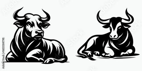 Bull resting lying down. Retro Cartoon Clipart Silhouette Stock Vector Line Art Illustration. Bovine taking a break horizontal position at peace calmness.