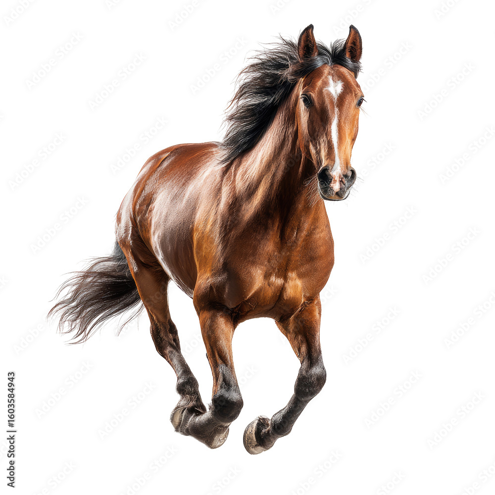 Obraz premium Full shot of a brown horse in mid-gallop