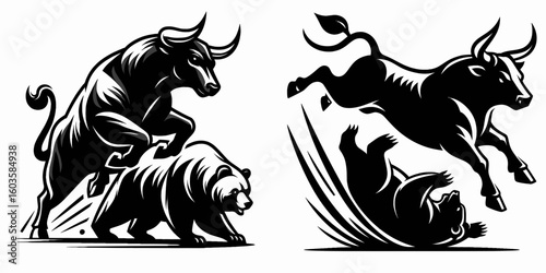 Bull tripping bear sideways. Retro Cartoon Clipart Silhouette Stock Vector Line Art Illustration. Ox knocking bruin toward flank market trend reversal shift.