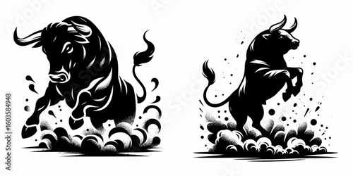 Bull tossing dust clouds. Retro Cartoon Clipart Silhouette Stock Vector Line Art Illustration. Bovine heaving dirt aloft making a heavy ground cloud.