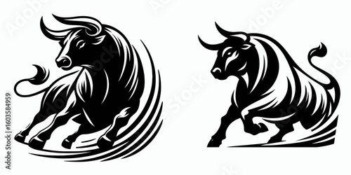 Bull turning sharp corner. Retro Cartoon Clipart Silhouette Stock Vector Line Art Illustration. Steer making acute angle move bend along route bovine navigating tight curve.