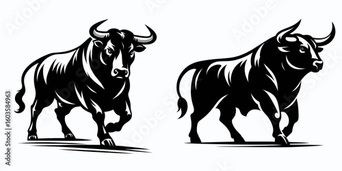 Bull walking forward calm. Retro Cartoon Clipart Silhouette Stock Vector Line Art Illustration. Serene bovine progress a relaxed onward animal stride pacific movement.