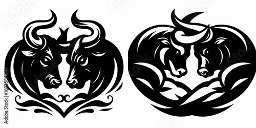 Bull wrestling rival horns. Retro Cartoon Clipart Silhouette Stock Vector Line Art Illustration. Bovine combat contest projection.