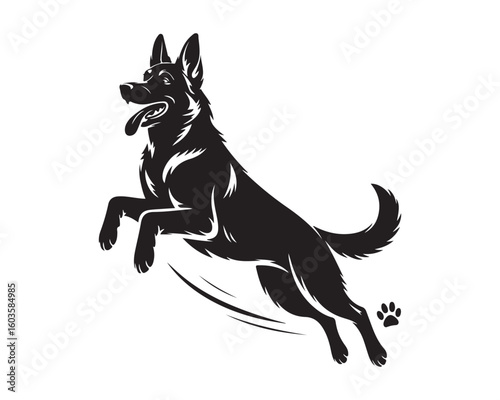 A black silhouette of a german shepherd dog jumping with its tongue out on a white background