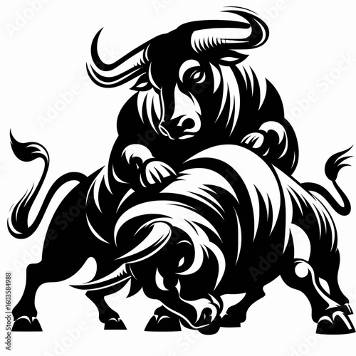 Bull wrestling rival horns. Retro Cartoon Clipart Silhouette Stock Vector Line Art Illustration. Bovine combat opponent antler bout contest struggle challenge.