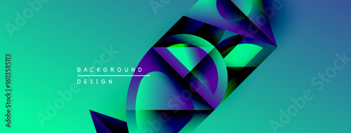 Abstract geometric shapes overlap, creating vibrant gradients. Teal background complements purple, green hues. Modern design element.