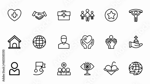 Charity and donation icons vector set for nonprofit organization and volunteer community support and help project