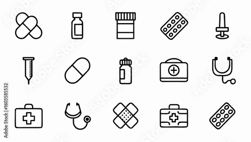 Medical equipment and health care icons vector set for healthcare and pharmaceutical industry design