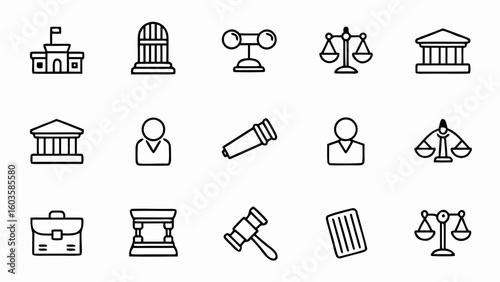 Law legal justice courthouse attorney court lawyer gavel scales building icons vector illustration set design