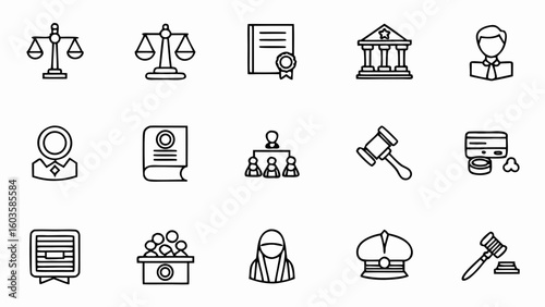 Justice legal law court courthouse lawyer judge symbol icon vector set for attorney and government agencies