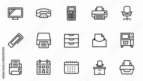 Office equipment vector icons set for business stationery and supplies in modern line style design