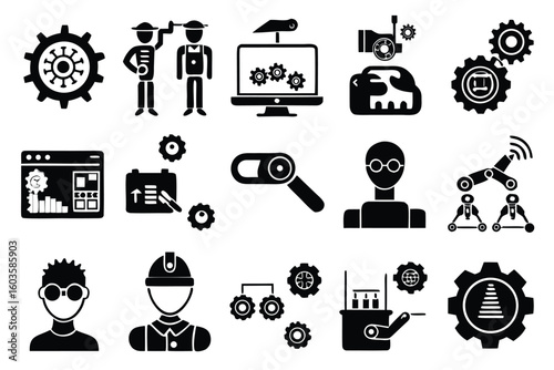 Twelve glyph icons depicting various aspects of industry and technology glyphs gears