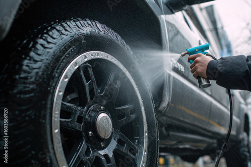 Close-up of a hand holding a water spray gun, washing a truck tire