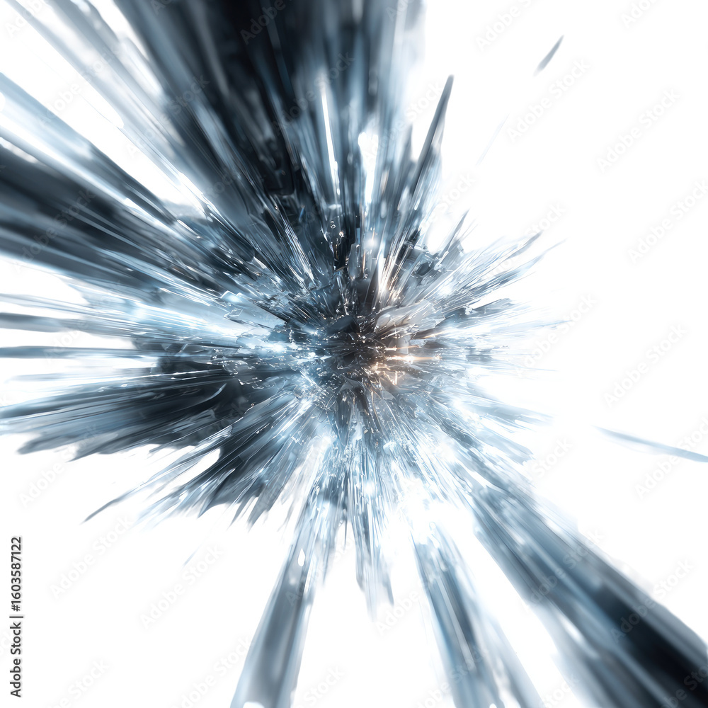 Obraz premium Abstract, radiating, crystalline explosion. A burst of light and icy shards emanates from a central point, creating a dynamic, otherworldly scene