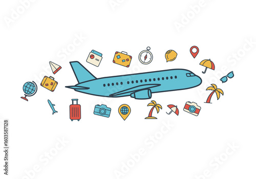A blue airplane is at the center surrounded by travelthemed icons