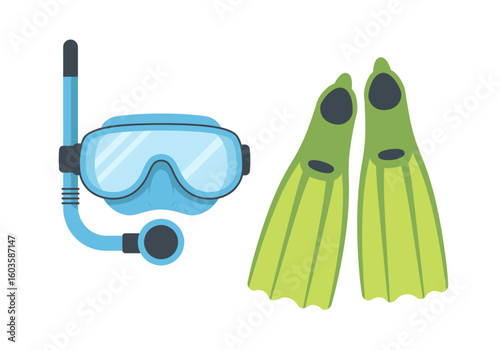 A blue snorkel mask and green swim fins are shown against a white background