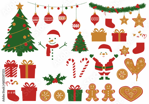 A festive illustration with Christmas tree ornaments Santa gingerbread men candy canes gifts cookies  decorations