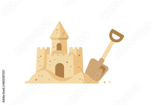 A tan cartoon sandcastle with battlements a turret and a shovel stuck in the sand