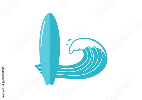 A surfboard stands next to a breaking wave graphic on a white background