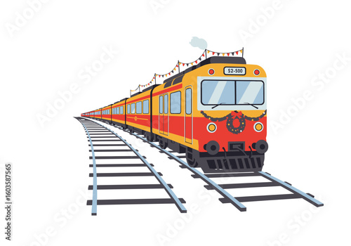 A train decorated for the holidays sits on a railway with a white background
