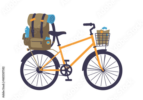 A vintage bicycle with a backpack on the rack and a basket in the front loaded with items