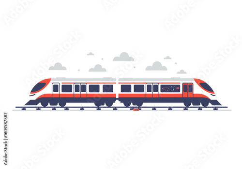 A twocar highspeed train with clouds overhead on a track