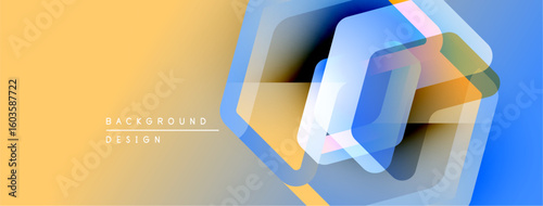 Abstract geometric design. Overlapping hexagons create dynamic visual effect. Warm yellow blends into cool blue gradients. Modern background texture.