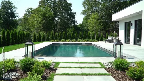 Wallpaper Mural A modern pool surrounded by lush greenery and a sleek white patio with black lanterns Torontodigital.ca