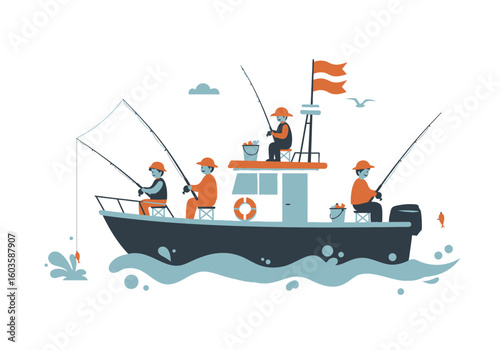 Boat with 4 anglers fishing flags on a mast waves fish clouds bucket life ring