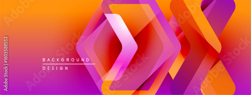 Abstract geometric shapes overlap vibrant orange, pink gradients. Modern design suitable banner, header, presentation visuals.