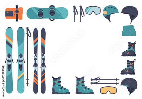 Ski and snowboard gear layout skis boots poles helmets goggles snowboard and backpack