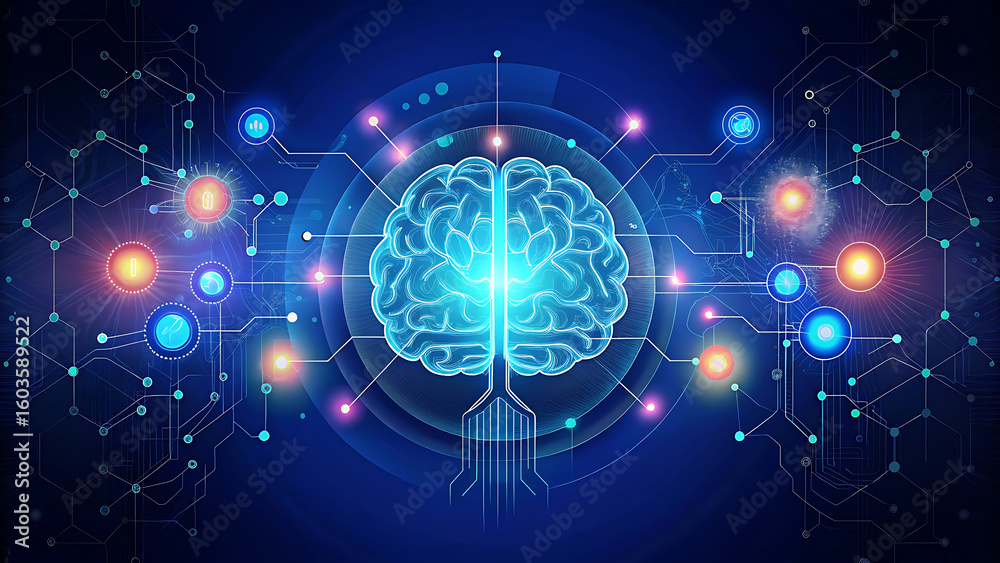 Fototapeta premium Artificial Intelligence Brain Circuit Glowing With Digital Neural Lines