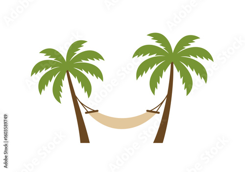 Two palm trees suspending a hammock against a white background