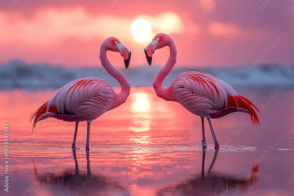 Fototapeta premium flamingos standing gracefully in the water at sunset.