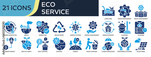 Collection of Eco Service icons, related to Waste management, waste disposal, green economy, pest control, reuse water and more. Solid icons vector illustation.