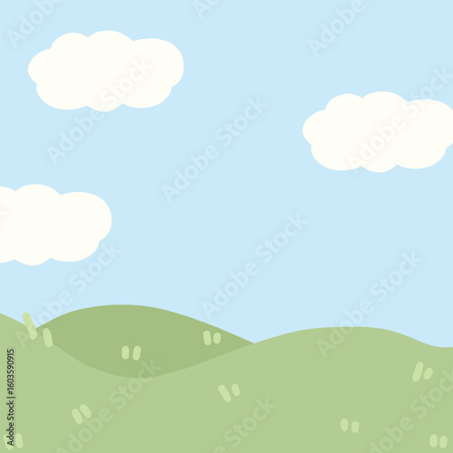 a cartoon landscape with clouds and grass