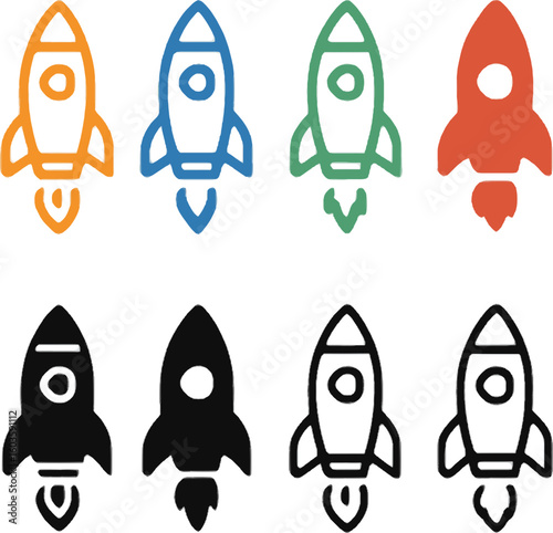 multicolor and black rocket icons with different styles and outlines