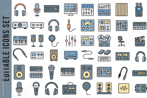An Editable Set of Color Line Icons for Audio Production and Music Studio Equipment