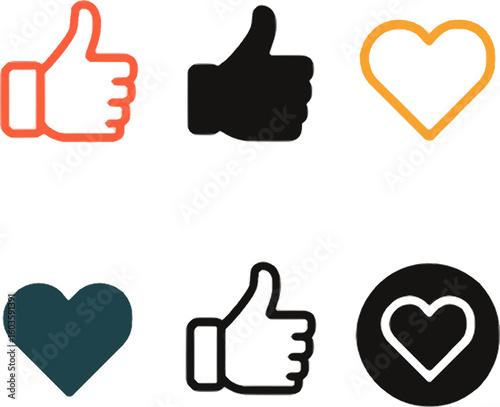 thumbs-up and heart icons in black, orange, and gray for likes and favorites